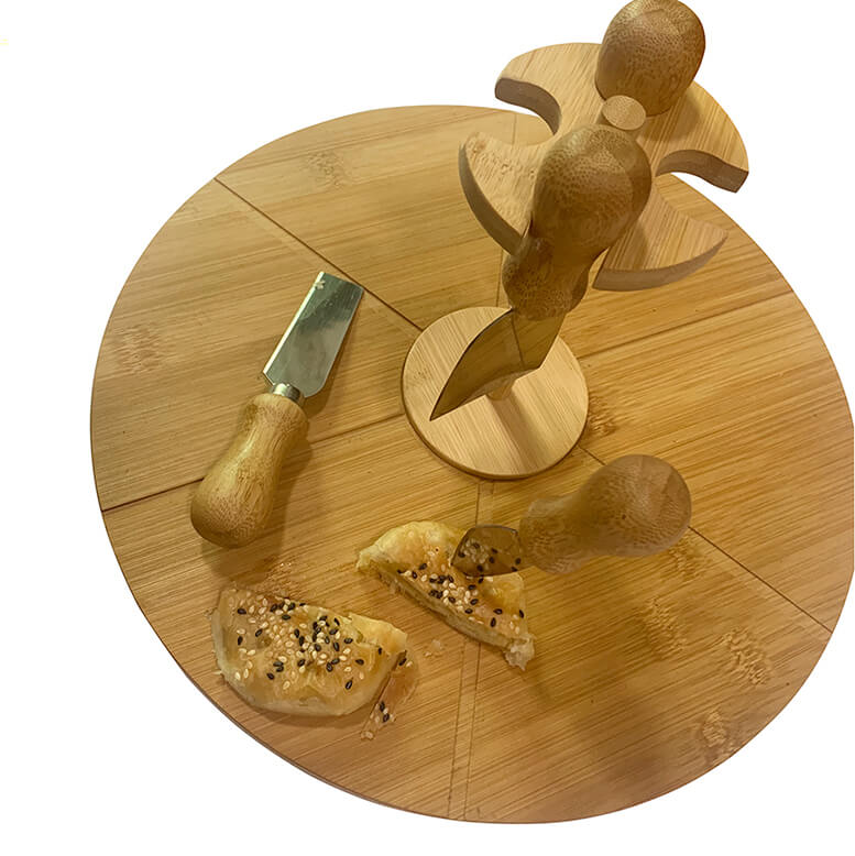 Round bamboo serving board with knives and holder for pizza cheese cakes fruit Donghe DHK01078