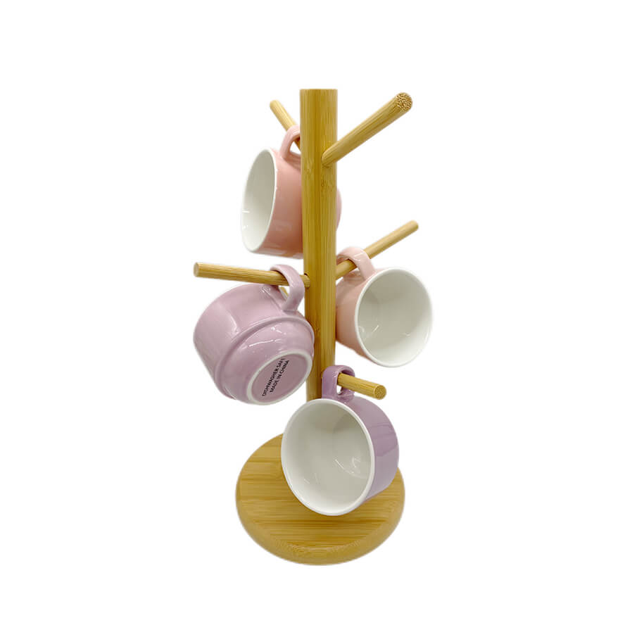 Bamboo Mug Rack, Coffee Mug Tree, Kitchen Coffee Mug Tree Countertop Tea Cups Holder Stand Coffee Bar Accessories with 6 Hooks Donghe DHK230037